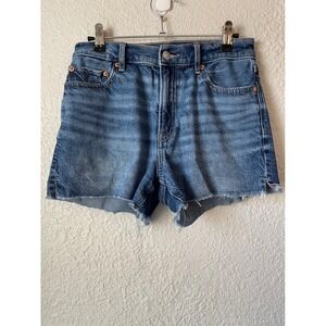 American Eagle Relaxed High‎ Waisted Denim Jean Mom Shorts Distressed Raw Hem